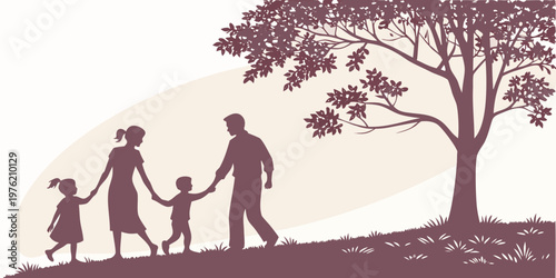 Silhouette of a family of four including parents and two children walking hand in hand towards a large leafy tree on a grassy hill representing growth and togetherness