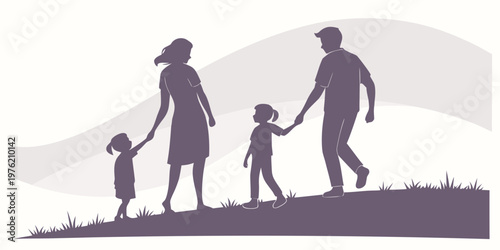 Family of four silhouette graphic showing mother and father holding hands with their two children while walking up a hill against an abstract wavy background, silhouette