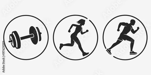 Fitness icons set with dumbbell running man running woman silhouettes dumbbell silhouette exercise training lifestyle movement activity illustration collection