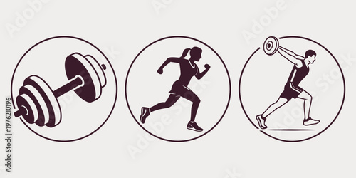 Round icons featuring dumbbell running athlete weight disc training activities gym equipment training gear weight room training routine dumbbell exercise training