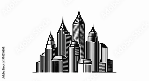 Stylized black and white illustration of a dense urban skyline with tall skyscrapers