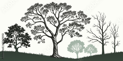 Vector silhouette illustration of various tree species including leafy and bare winter trees on a grassy hill for landscape architecture and environmental graphics