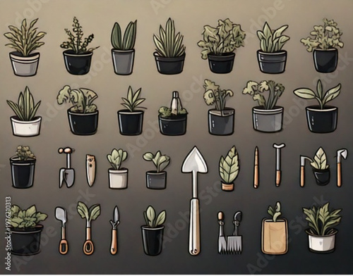 Collection of Potted Plants and Gardening Tools.