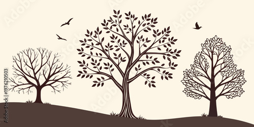 Silhouette illustration of three deciduous trees in various stages of foliage growth on a rolling hill with flying birds in the sky silhouette landscape illustration