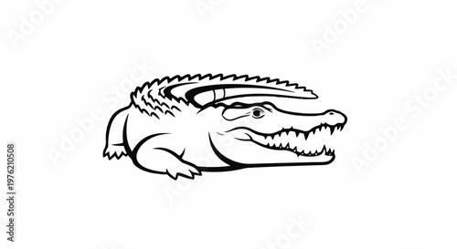 Stylized black and white line art of an alligator with jaws agape, baring sharp teeth