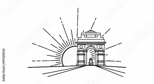 Stylized archway monument with sunburst and converging lines