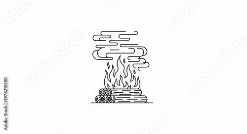 Stylized campfire with smoke rising into swirling cloud patterns