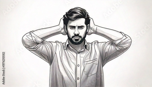 Man Covering Ears Frustrated Emotion.