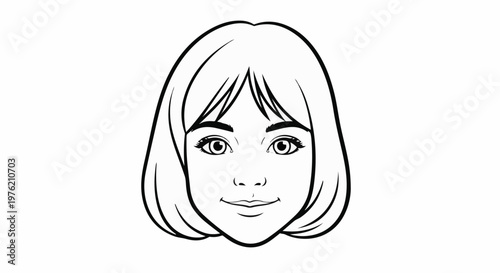 Stylized cartoon face, black outline, white background, bangs, bob