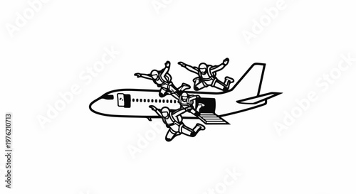 Stylized cartoon illustration of skydivers leaping from an airplane