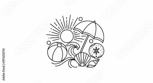 Stylized beach scene with sun, waves, ball, umbrella, and shells