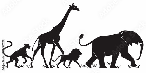Set of african animal silhouettes including lion giraffe elephant and leopard in natural habitat with silhouette wildlife elephant illustration predator herbivore