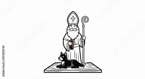 Stylized cartoon of a bishop with a beard holding a book and staff near a dog