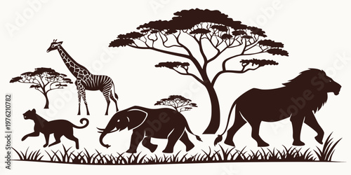 African safari scene silhouette with lion elephant and giraffe in grassland with acacia trees wildlife silhouette elephant landscape illustration wilderness environment