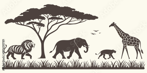 Panoramic african wildlife illustration with lion elephant giraffe leopard walking in the savanna under a large acacia tree panorama wildlife landscape elephant wilderness
