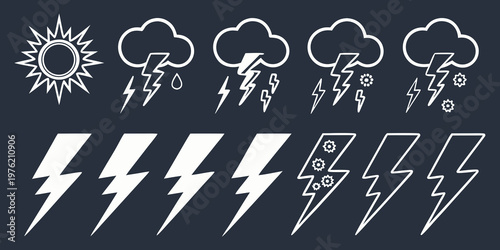 White line art weather icon set on dark background featuring lightning bolts, storm clouds with rain and snow, and sun symbols for user interface and digital dashboard design