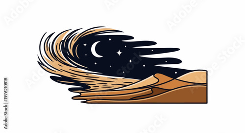 Stylized desert dunes under a starry night sky with a crescent moon