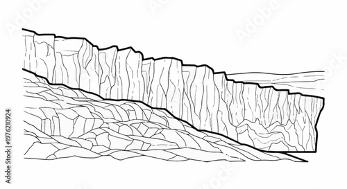 Stylized black and white line drawing of a cliff face and talus slope