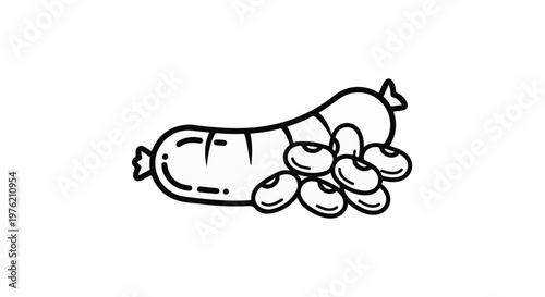 Stylized black and white line drawing of a sausage and kidney beans