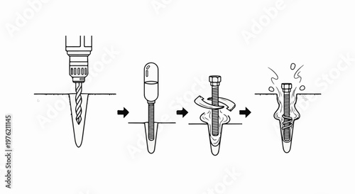 Step-by-step illustration of installing an anchor bolt with a drill