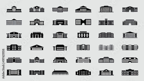 Set of 35 Black Government and University Building Icons Vector