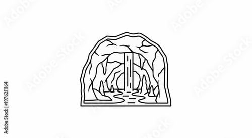 Stylized cave opening with a waterfall cascading into a pool