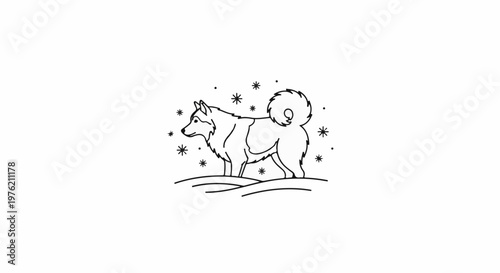 Stylized black and white outline of a dog on snowy ground with snowflakes