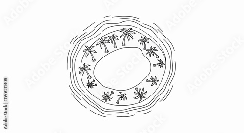 Stylized circular illustration of a tropical island with palm trees
