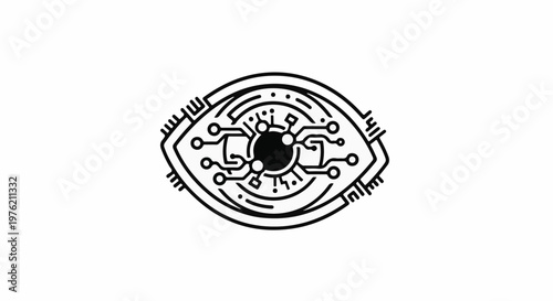Stylized black and white digital eye with circuit board details