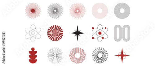 Luxury abstract line element set vector. Abstract Geometric Shapes Icon Set with Radial Patterns, Atomic Symbols, and Minimal Line Designs.