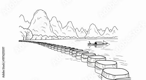 Stepping stones lead across water to a distant boat in a karst landscape