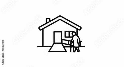 Stick figure at doorway of house using a cane