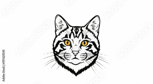 Stylized black and white cat face with piercing yellow eyes and bold outlines