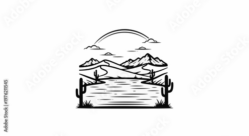 Stylized desert oasis with mountains, cacti, and a rainbow