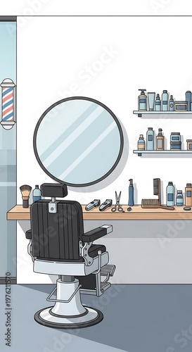 Barbershop Interior with Barber Chair, Mirror, and Shelves.