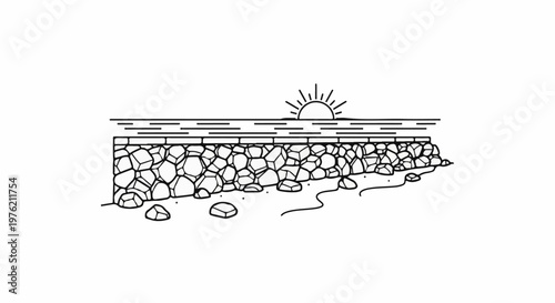 Stone embankment meets ocean waves under a rising sun