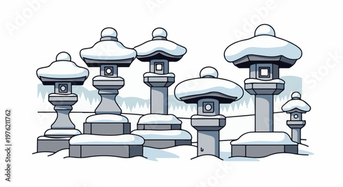 Stone lanterns topped with snow stand in a winter landscape