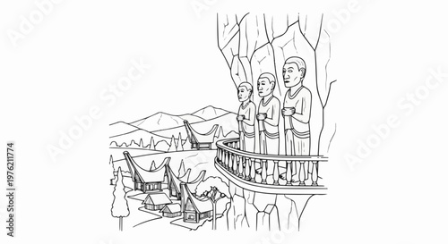 Stone figures overlook a village nestled in a mountainous landscape