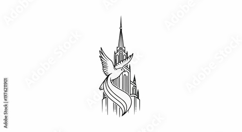 Stylized dove with flowing ribbons descends upon a tall, ornate building