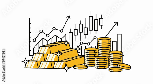 Stacked gold bars and coins with upward trending financial charts