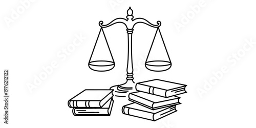 A black and white line art illustration of the classic scales of justice with a stack of books Vector, illustration