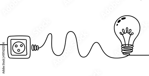 A continuous line drawing showing a light bulb connected to an electrical wall socket outlet plug Vector, illustration