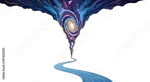 A vibrant vector illustration of a swirling galaxy pouring into a winding river, set against a clean white background.