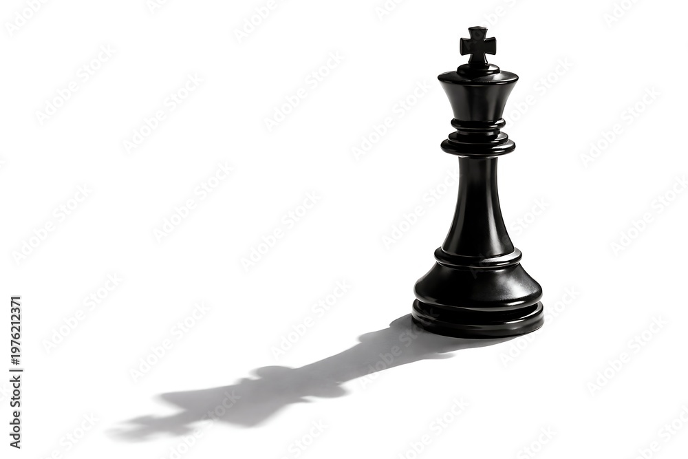 Naklejka premium Black chess king piece casting a long shadow on white background