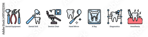 Dental Tools web banner icon vector illustration with icons of Dental Equipment,Dental Drill,Dentist Chair,Hand Mirror,X Ray,Diagnostics and Anesthesia