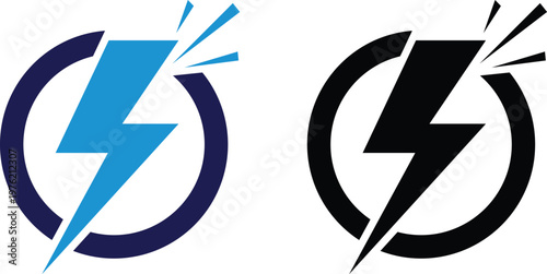 Blue and black lightning bolt with circular accents, energy symbols power electricity