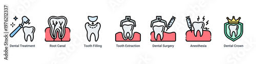 Treatment Plan web banner icon vector illustration with icons of Dental Treatment,Root Canal,Tooth Filling,Tooth Extraction,Dental Surgery,Anesthesia and Dental Crown