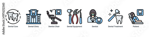 Dental Service web banner icon vector illustration with icons of Dental Care,Dental Clinic,Dentist Chair,Dental Equipment,Dentist,Dental Treatment and Patient
