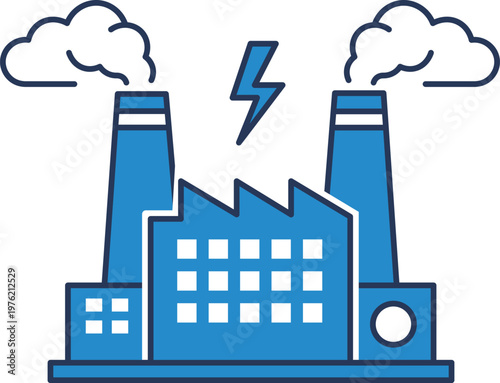 Blue factory with smoking chimneys and lightning bolt industrial power energy electricity