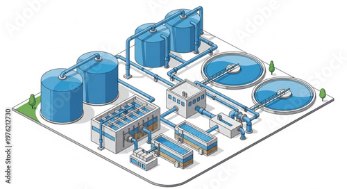 Isometric industrial water treatment plant illustration view.